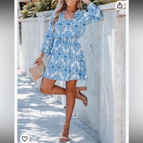 New Ornate Print Smocked Mini Dress Split Neck with Self-tie A-line Dress - Picture 1 of 11